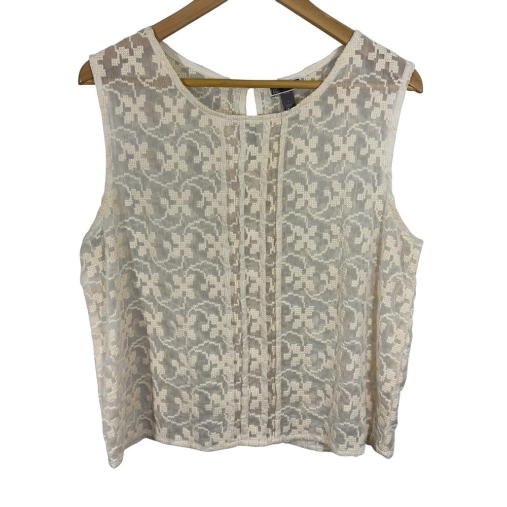 Chelsea28 Boxy Sleeveless Top Sz L Cream Woven Embroidered Shirt Boho Pullover